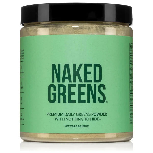 A clear jar with a black lid labeled Naked Nutrition, containing Naked Super Greens Powder Organic Greens Supplement, net weight 8.6 oz (245 g).